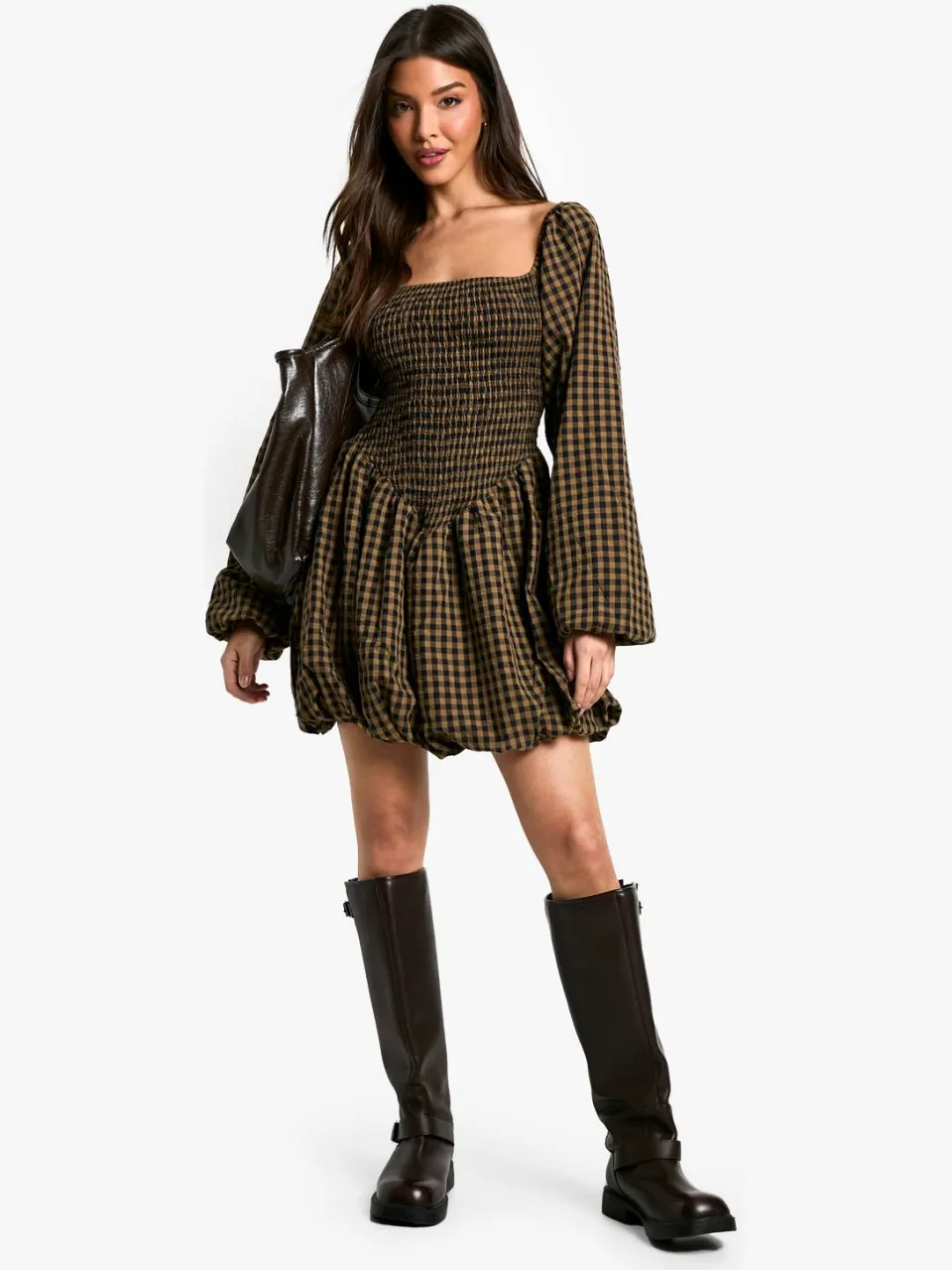 boohoo Dames Check Shirred Long Sleeve Puff Sleeve Mini Dress bruin, foto 2