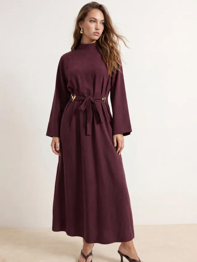 Trendyol TRENDYOLMİLLA Dames Bordeaux Effen Maxi Lang A-lijn Modest Jurken Bordeauxrood
