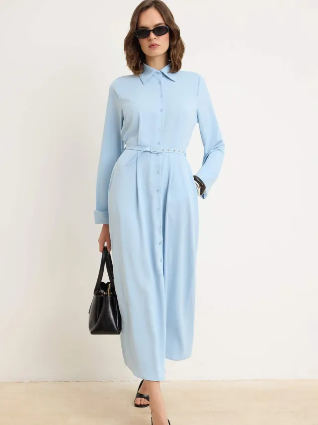 Trendyol Modest Dames Blauw Effen Maxi Lang Casual Skater Modest Jurken