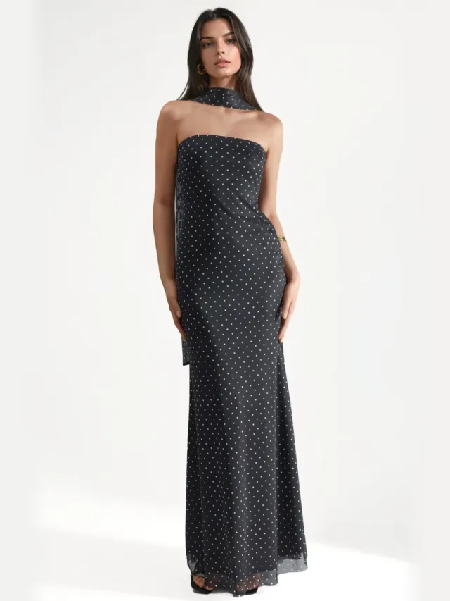 Hiccup Polkadot Strapless Maxi Jurk met Sjaal Detail Zwart