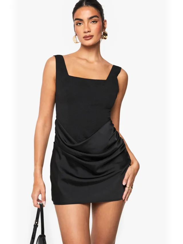 boohoo Dames Satijnen Drape Mini-jurk met Vierkante Hals Zwart
