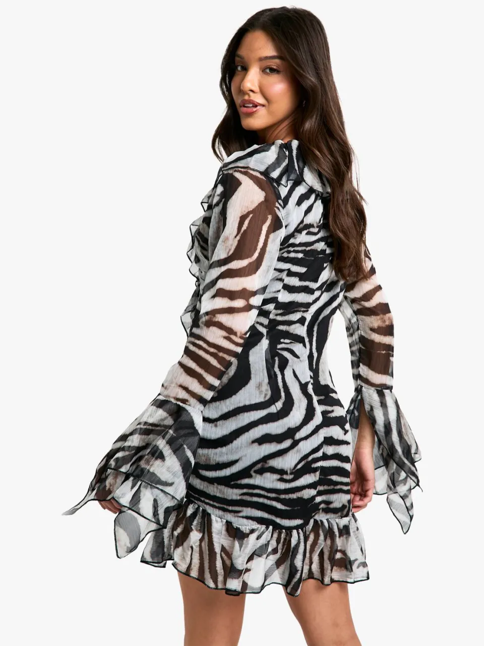 boohoo Dames Extreme Ruffle Chiffon Zebra Shift Jurk zwart, foto 2