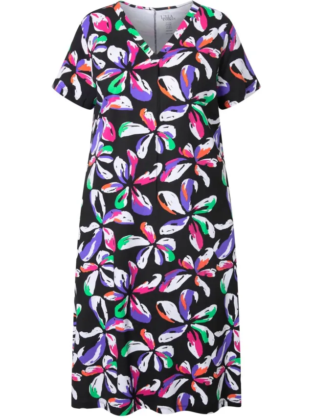 Ulla Popken Dames - Midi-jurk bloemen A-lijn V-hals korte mouwen zakken - Zwart - Maat 58+