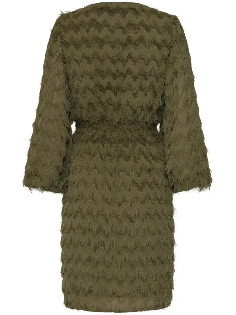 Smashed Lemon Jurk met v-hals, fringe structuur en tailleband bruin/groen, foto 2