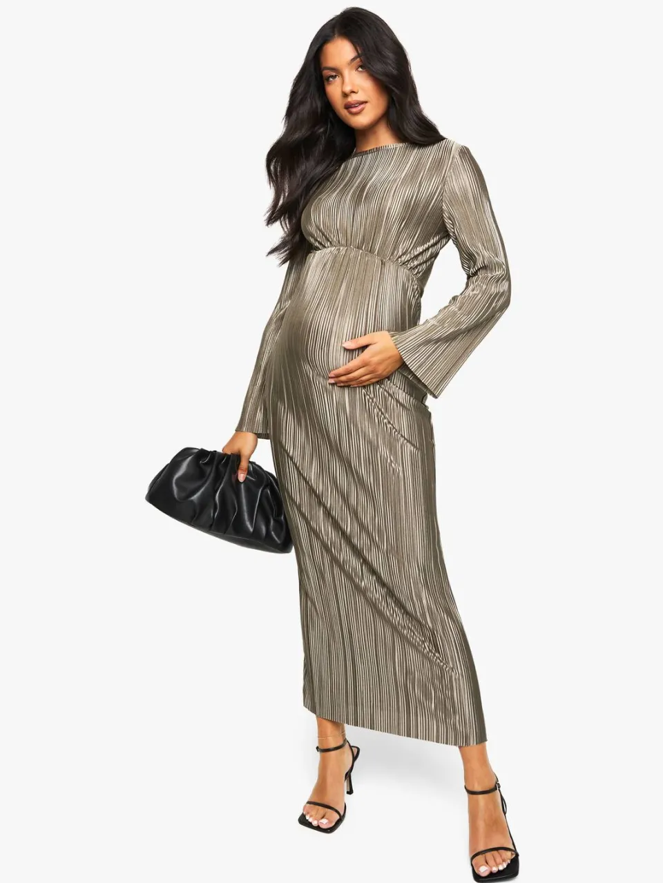 boohoo Dames Zwangerschaps Plisse Batwing Midaxi Jurk licht kaki, foto 2