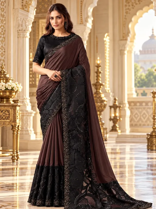 Simhera Threads Coffee Brown and Black Designer Saree with Embellished Blouse
