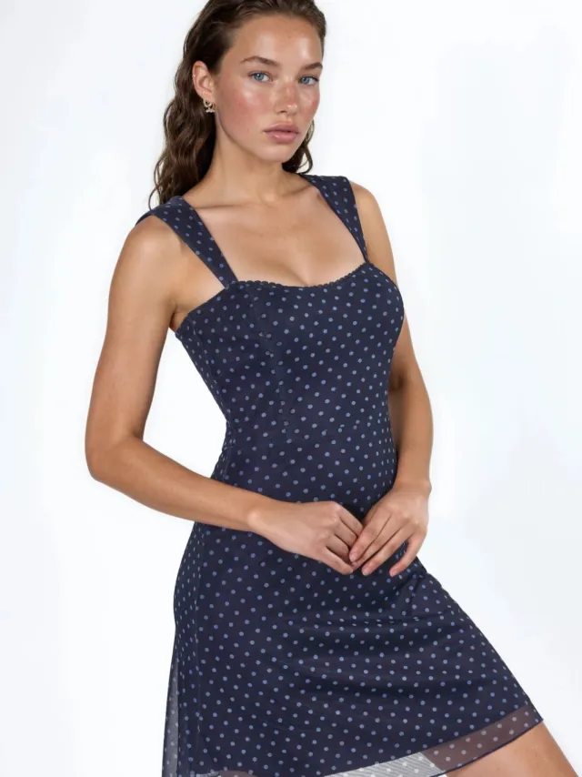 Hiccup Polka Dots Mini Tulle Jurk met Hart Kraag Marineblauw