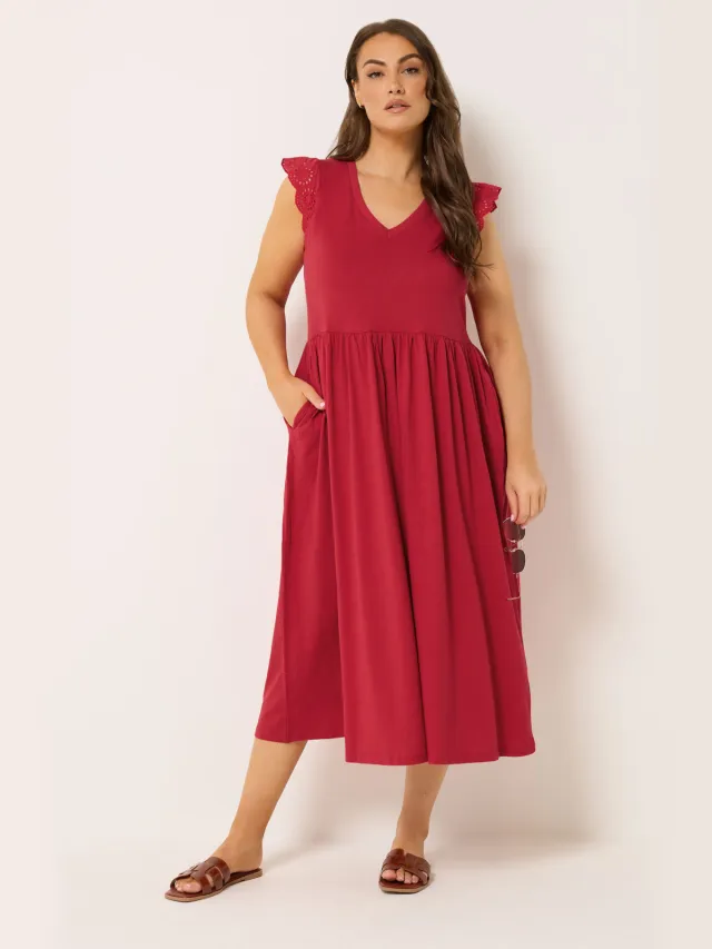 Yours Rode Maxijurk Met Broderie Mouw Red
