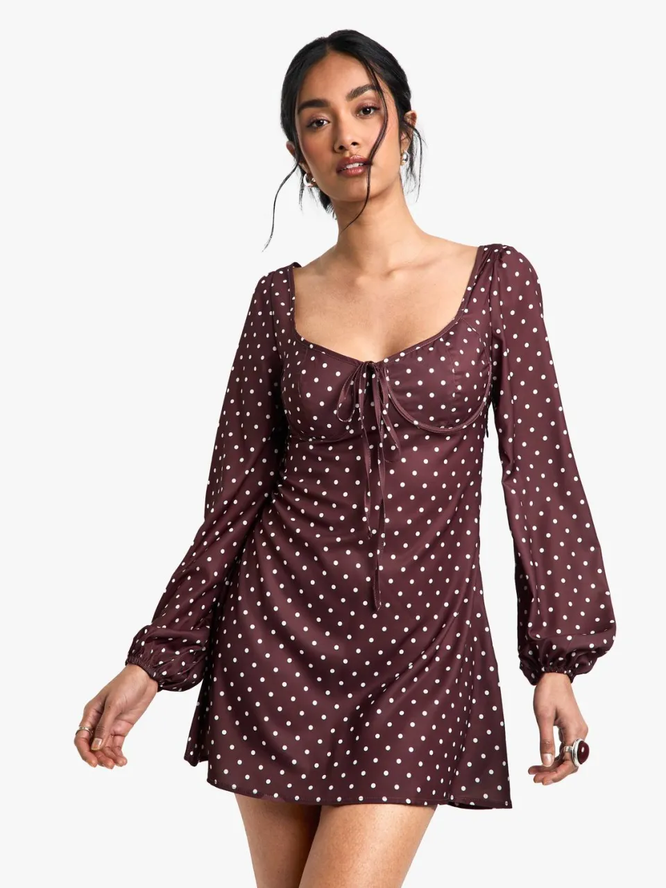 boohoo Dames Polkadot Melkmeisje Mini-Jurk bruin, foto 3