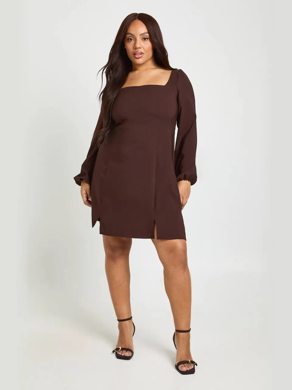 boohoo Dames Plus Volume Mouw Fit & Flare Mini Jurk chocoladebruin, foto 2
