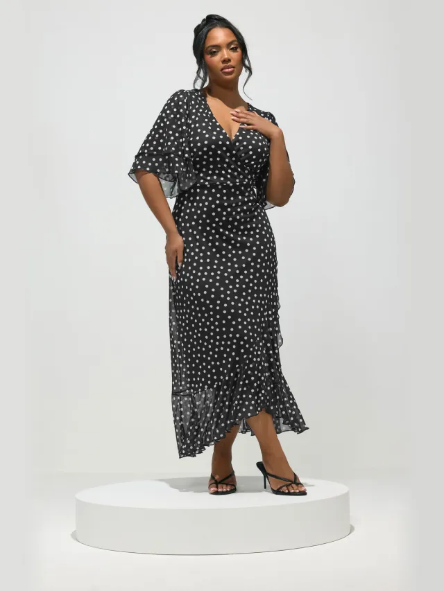 Yours London Zwarte Wikkeljurk Met Polkadots Size Petite > 52 Black