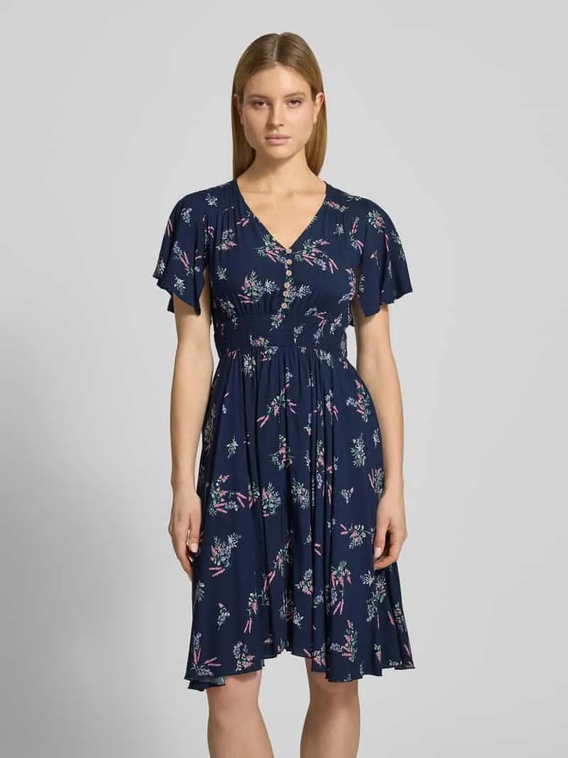Apricot Knie-lange jurk van viscose met V-hals Marineblauw