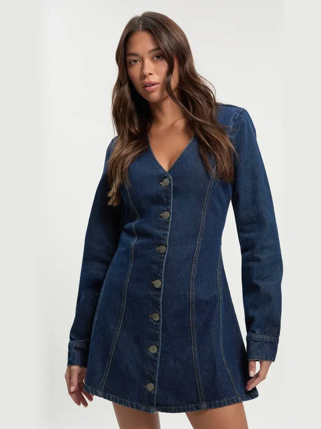 boohoo Dames Flare lange mouwen mini-jurk Indigo