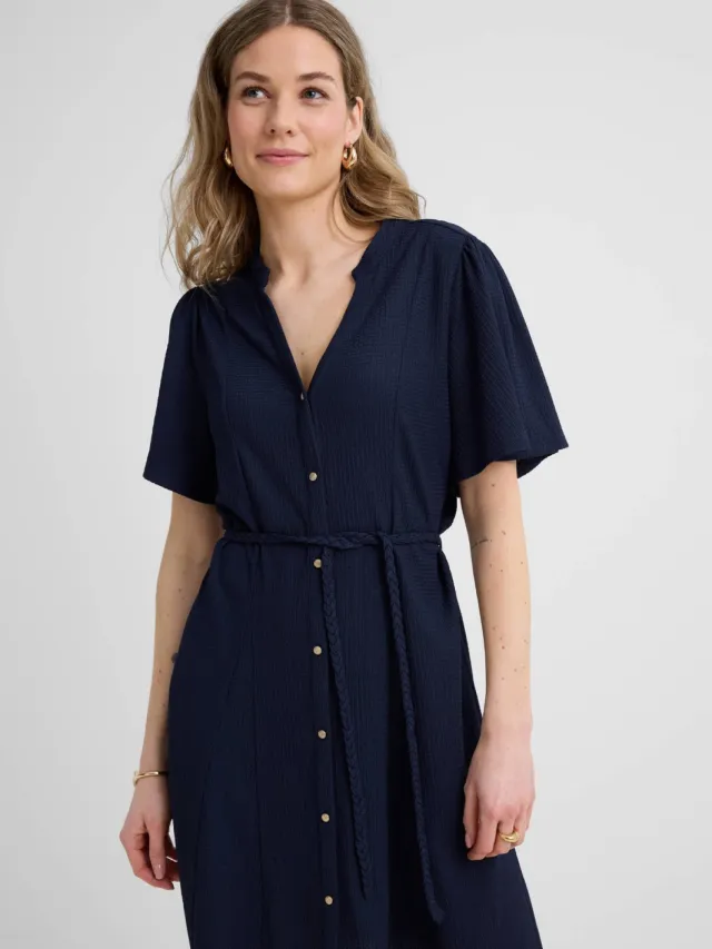 Anytime jurk met textuur en ceintuur donkerblauw