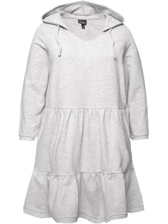 Ulla Popken Dames - Sweatjurk capuchon A-lijn V-hals lange mouwen - Lichtgrijs melange - Maat 46+
