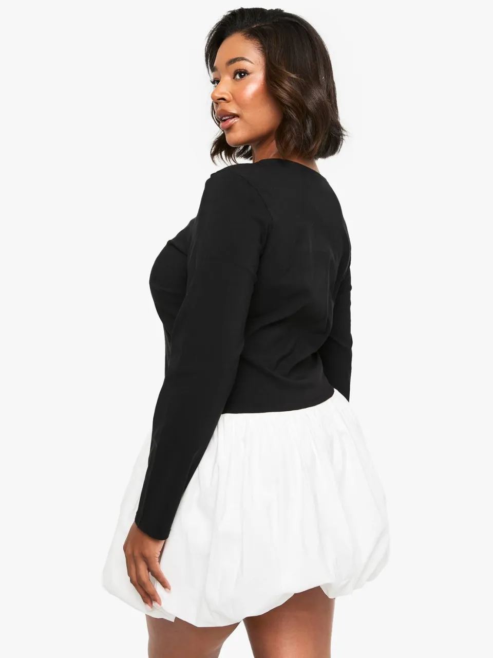 boohoo Dames plus bengaline contrast puffball mini jurk zwart, foto 2