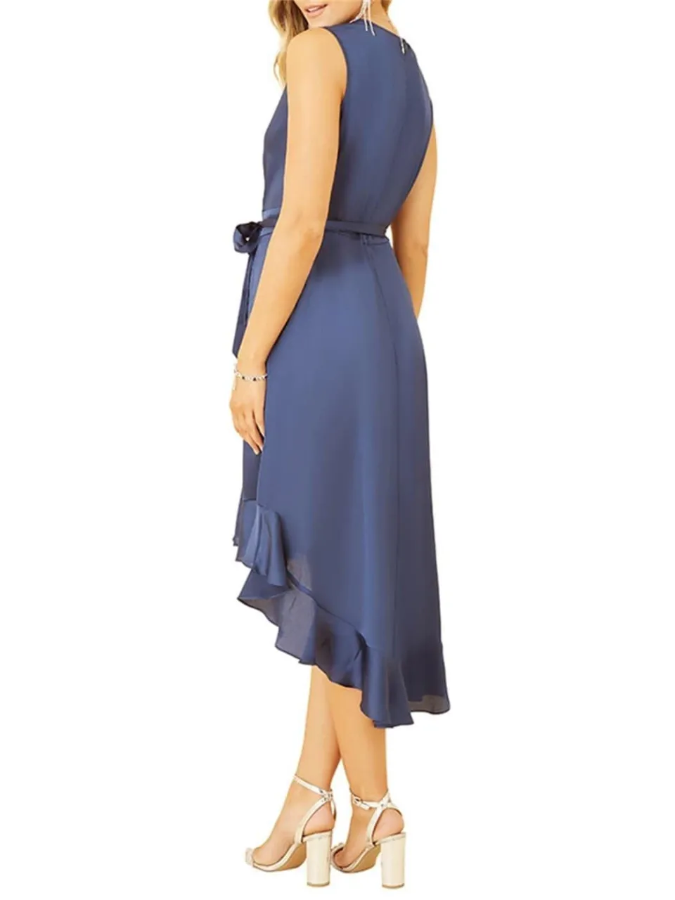 Mela London Dames Satijnen V-Hals Mouwloze Wikkeljurk (Marineblauw)
