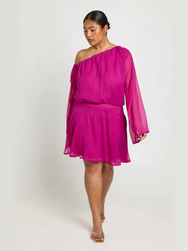 boohoo Dames Plus Chiffon Asymmetrische Skater Jurk Fuchsia
