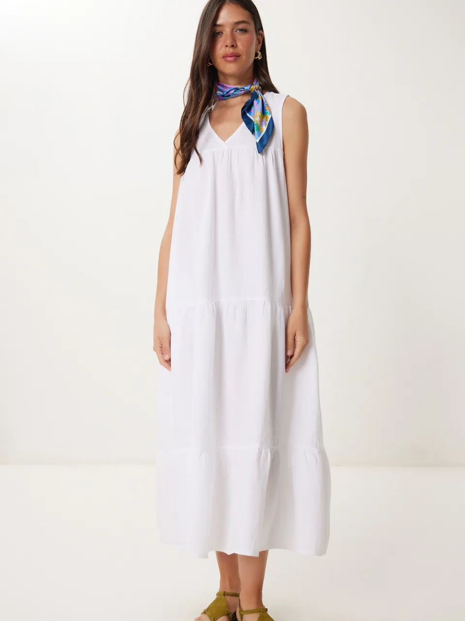 Happiness Istanbul Rimpel V-hals Midi-jurk ivoor, foto 2