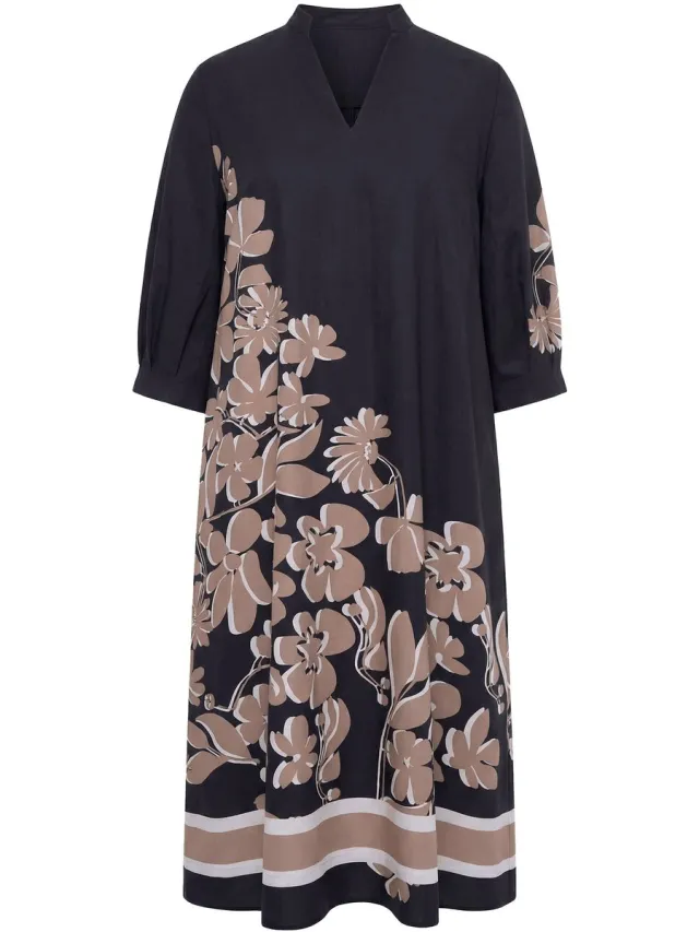 Ulla Popken Dames - Midi-jurk lyocell A-lijn coltrui 3/4 mouw - Zwart - Maat 46+