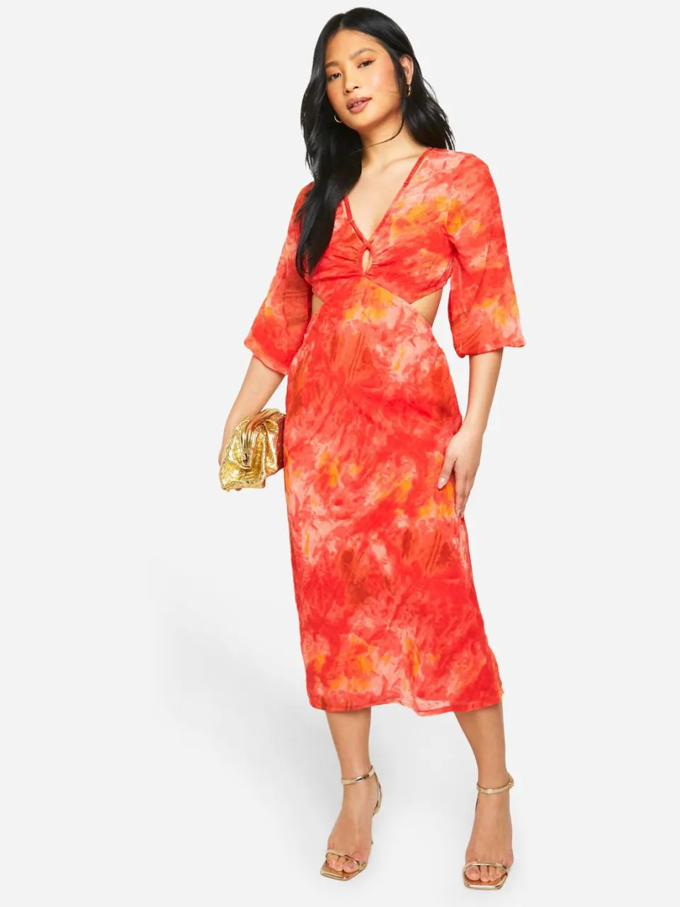 boohoo Dames Petite Bedrukte Chiffon Midaxi-Jurk rood, foto 2