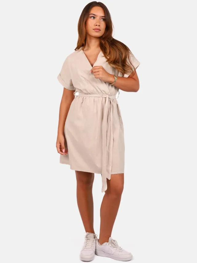 Getdrezzed Linnen blend jurk met strikceintuur beige