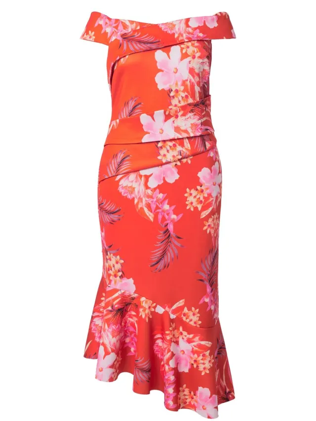 Ulla Popken Dames - Scuba maxi-jurk patroon Carmen-halslijn gedrapeerd - Paprika