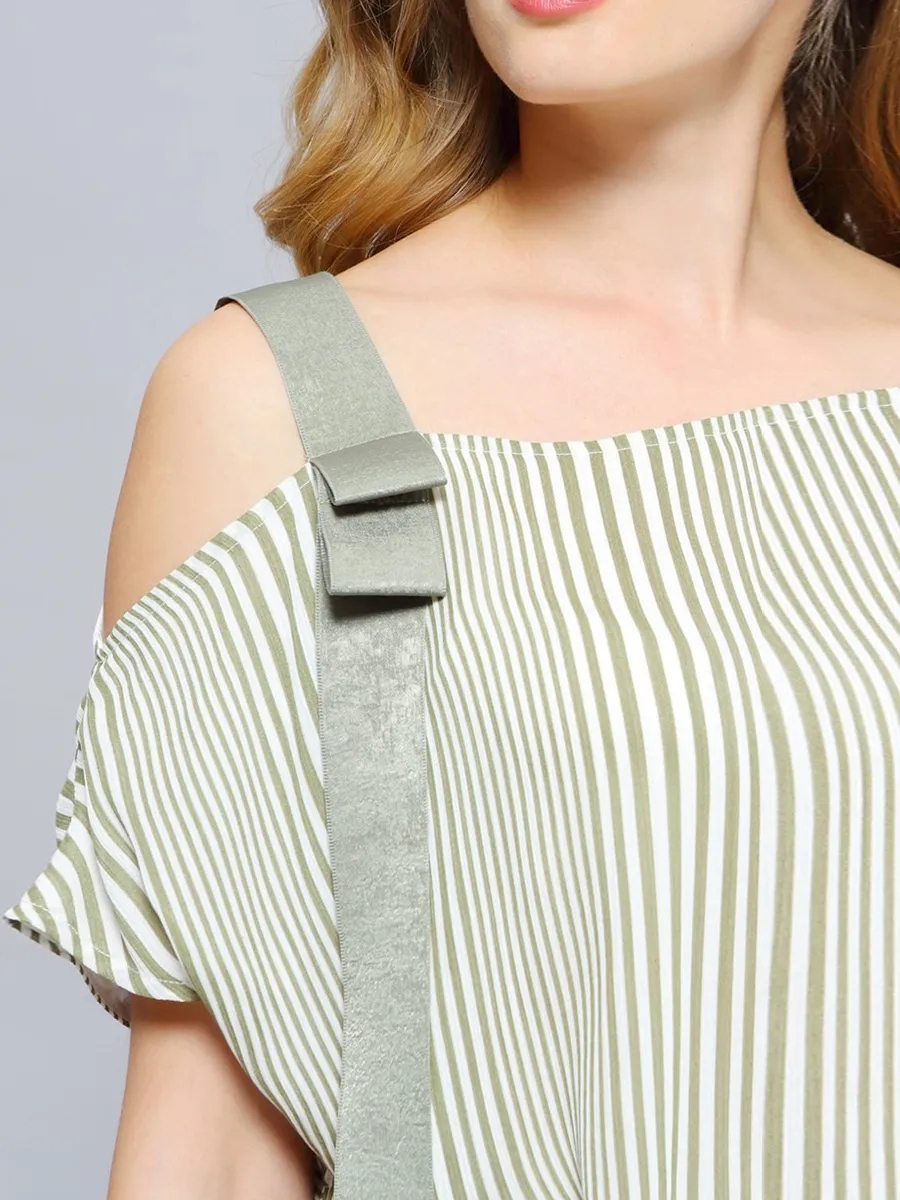 Smart & Joy Asymmetrische gedrapeerde streepprint midi -jurk groen, foto 2