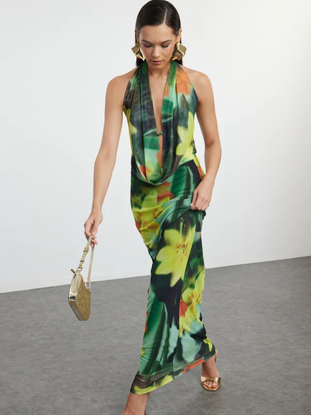 Turkishsouq Kleurrijke, mouwloze maxi-jurk met bloemenprint voor dames, geschikt voor afstuderen/gala, avondjurk of afstudeerfeest. Veelkleurig