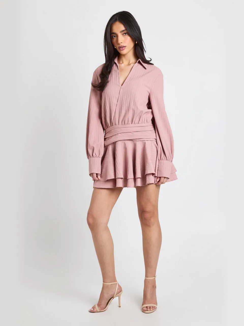 boohoo Dames Getextureerde Geplooide Ruches Mini Jurk Met Laagjes woestijnroos, foto 3