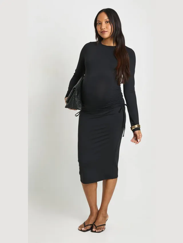 boohoo Dames Zwangerschaps Midi-jurk Met Gerimpelde Zijkant Zwart