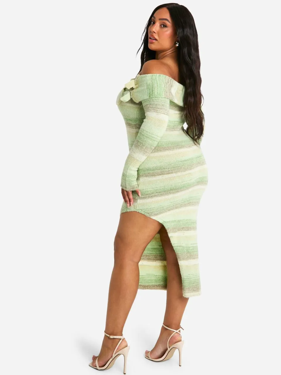 boohoo Dames Plus Bardot Buckle gebreide jurk groente, foto 2
