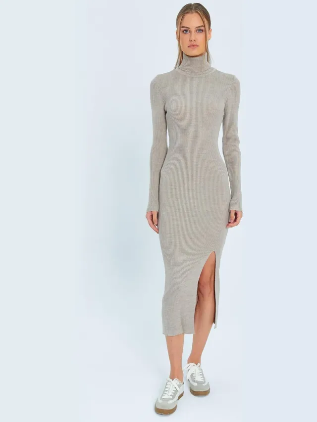 Mixray Turtleneck Midi Brei Jurk met Zijspleet Steen