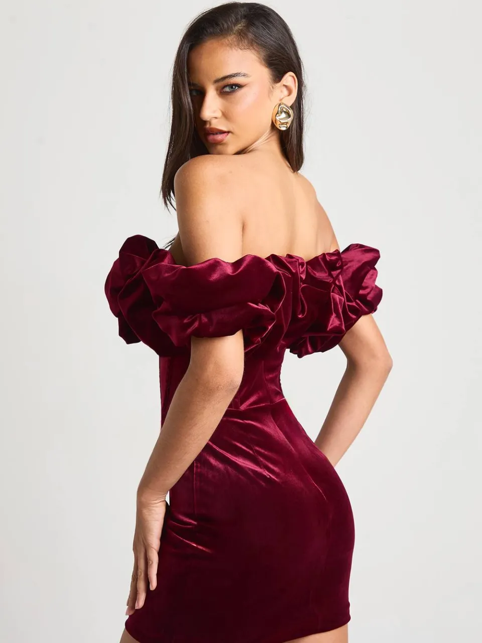 boohoo Dames Extreme Ruffle Fluweel Mini-jurk wijn, foto 2