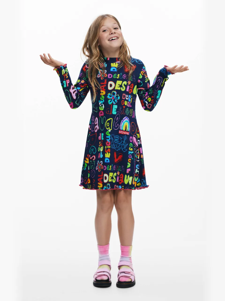 Desigual A-lijn jurk donkerblauw donkerblauw/geel/roze, foto 4