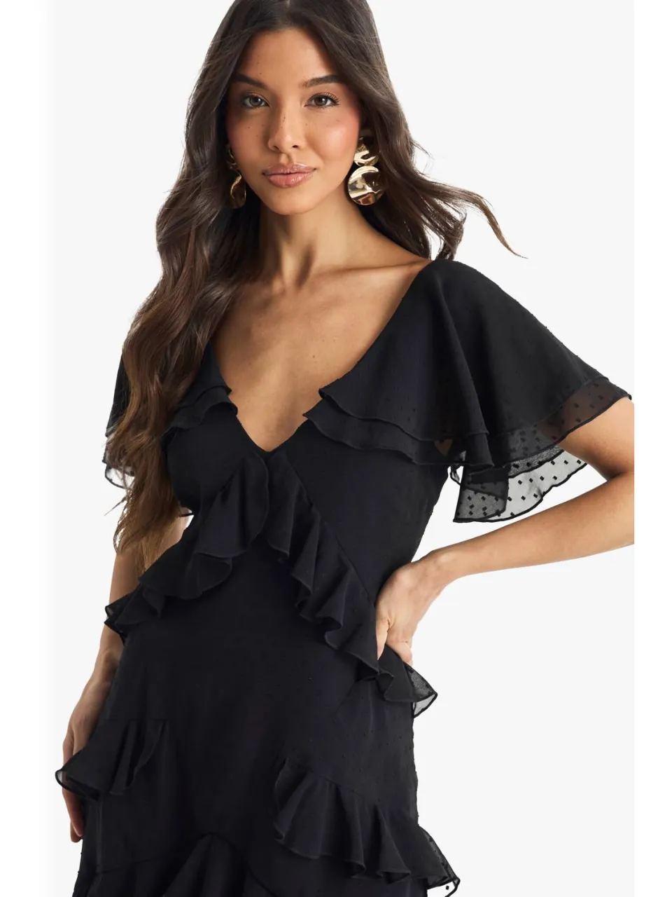 boohoo Dames Dobby Frill Detail Maxi Jurk zwart, foto 2
