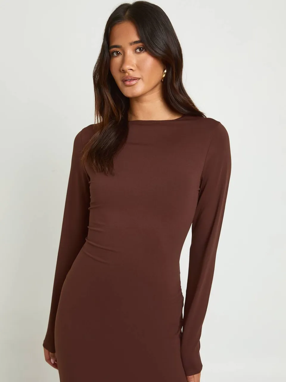 boohoo Dames Basic Superzachte Maxi Jurk Met Lange Mouwen Chocoladebruin