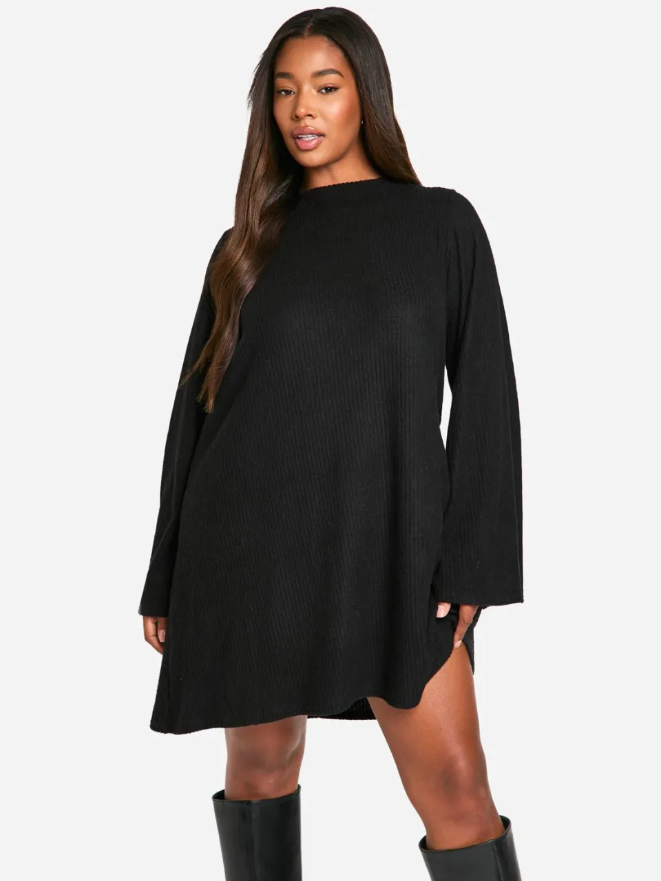 boohoo Dames Plus Soft Rib Tie Back Smock Jurk zwart, foto 3