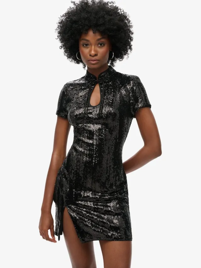 Superdry Mini-jurk met mandarijnkraag en pailletten - Dames - Jurken black sequin