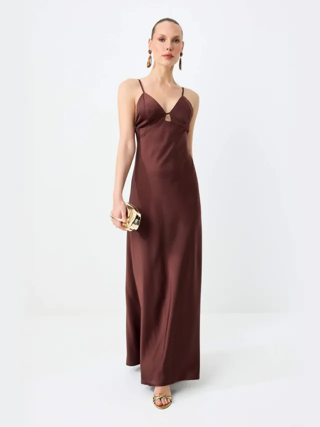 Trendyol TRENDYOLMİLLA Dames Bruin Effen Maxi Mouwloos Slip Avond & Gala Jurk