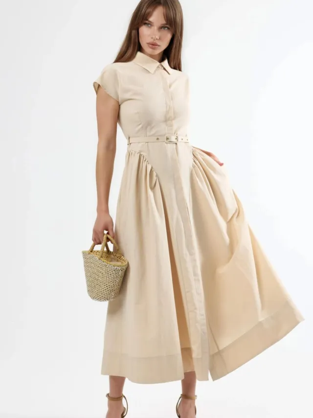Busem Gestrikt Midi-jurk met Hemdkragen Beige