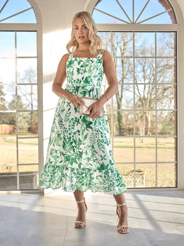 Yours London Midaxi Jurk Zonder Mouwen Met Bladerprint In Wit/Groen White