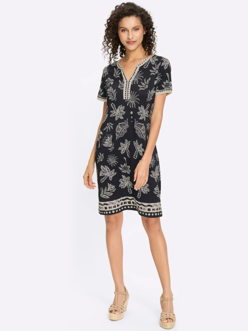 Jersey jurk zwart/zand geprint