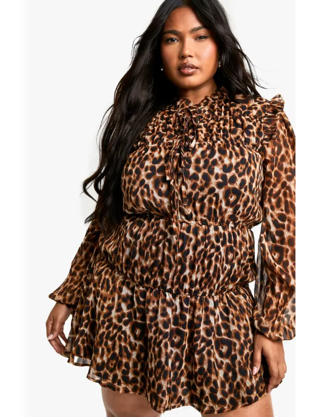 boohoo Dames Plus Leopard Tie Front Smock Dress Luipaardprint