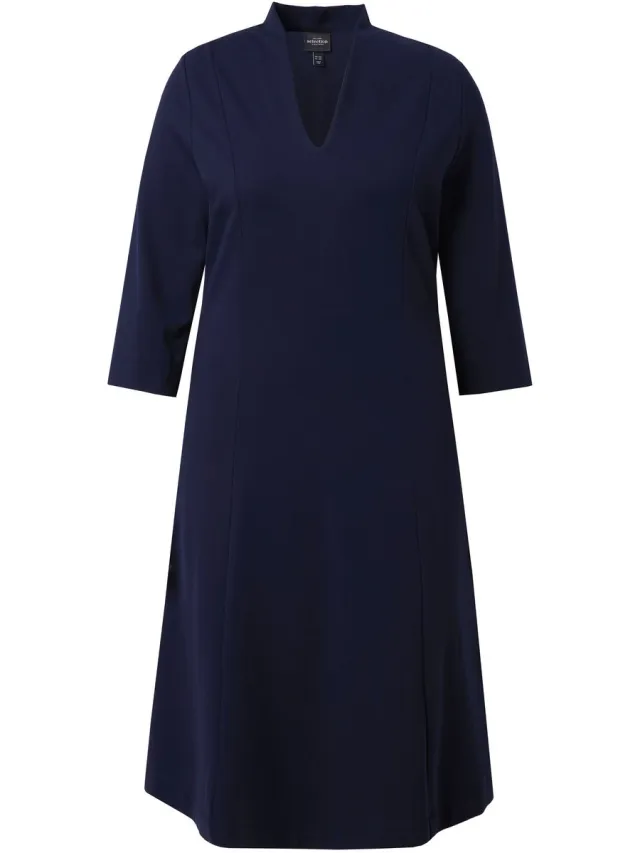Ulla Popken Dames - Punto midi-jurk gobletkraag V-hals 3/4-mouwen - Donkermarine - Maat 58+