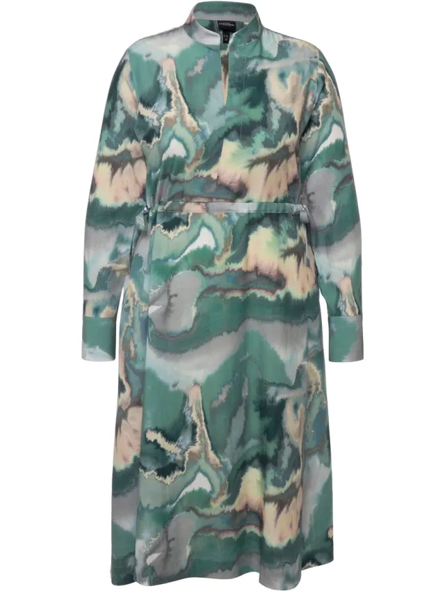 Ulla Popken Dames - Lyocell midi-jurk marmerdesign opstaande kraag lange mouw - Matgroen - Maat 46+