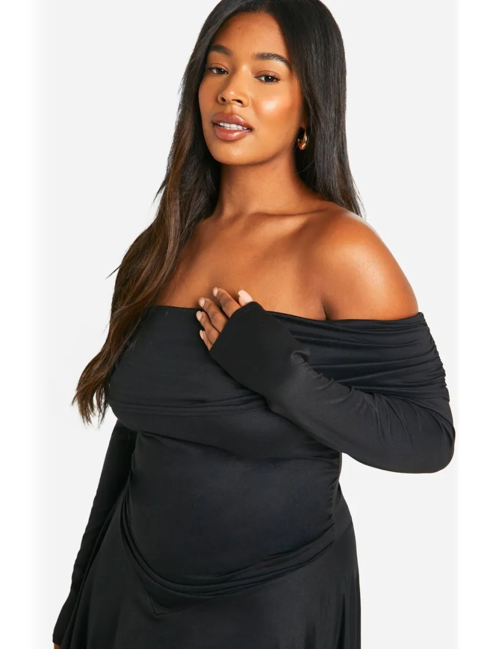 boohoo Dames Plus Off-Shoulder Lange Mouwen Skater Jurk zwart, foto 4