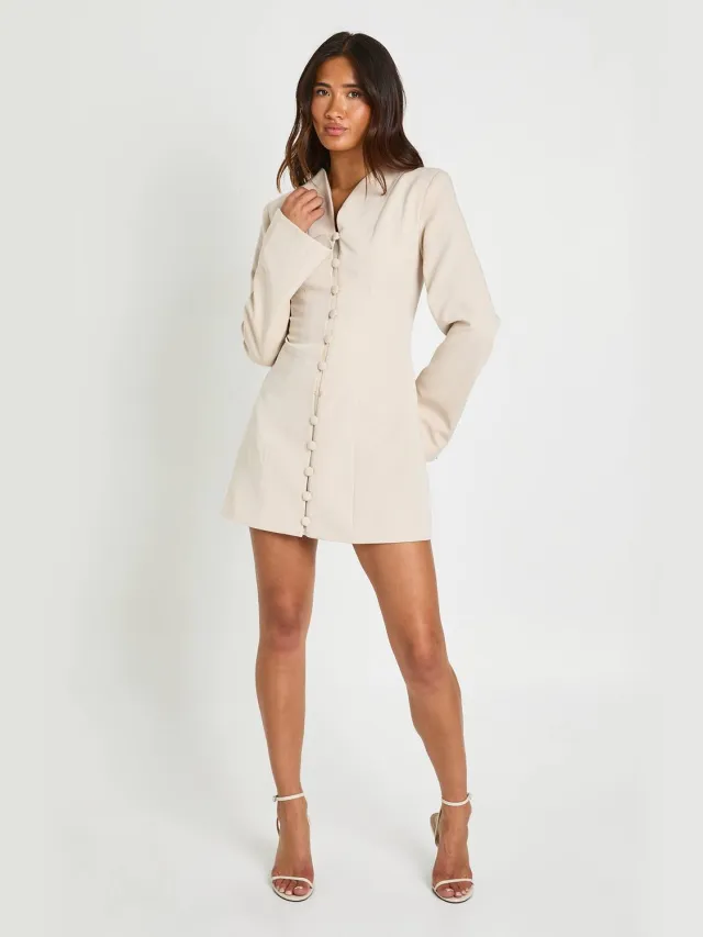 boohoo Dames Getailleerde Blazerjurk Met Hoge Hals En Knoopdetail Steen