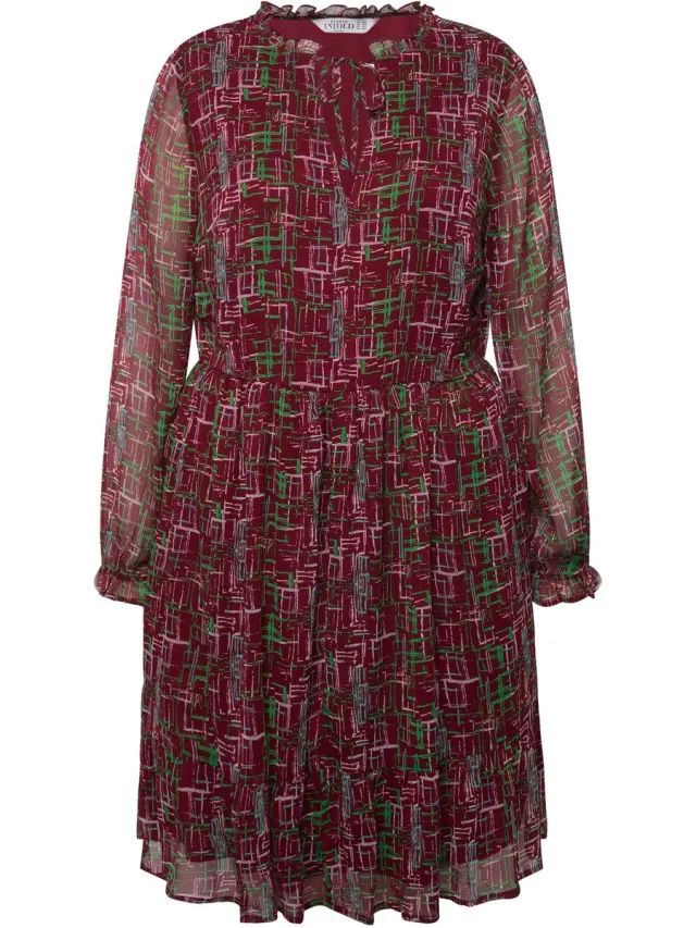 Studio Untold Dames - Mini-jurk A-lijn grafische print halslijn met ruches - Chianti - Maat 42+