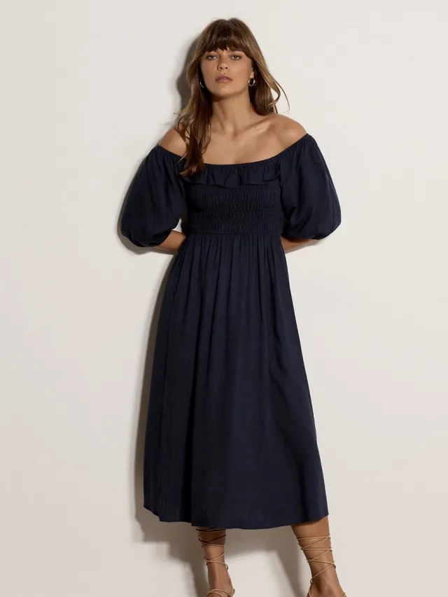 Apricot Gesmokte Bardot-maxi-jurk Marine